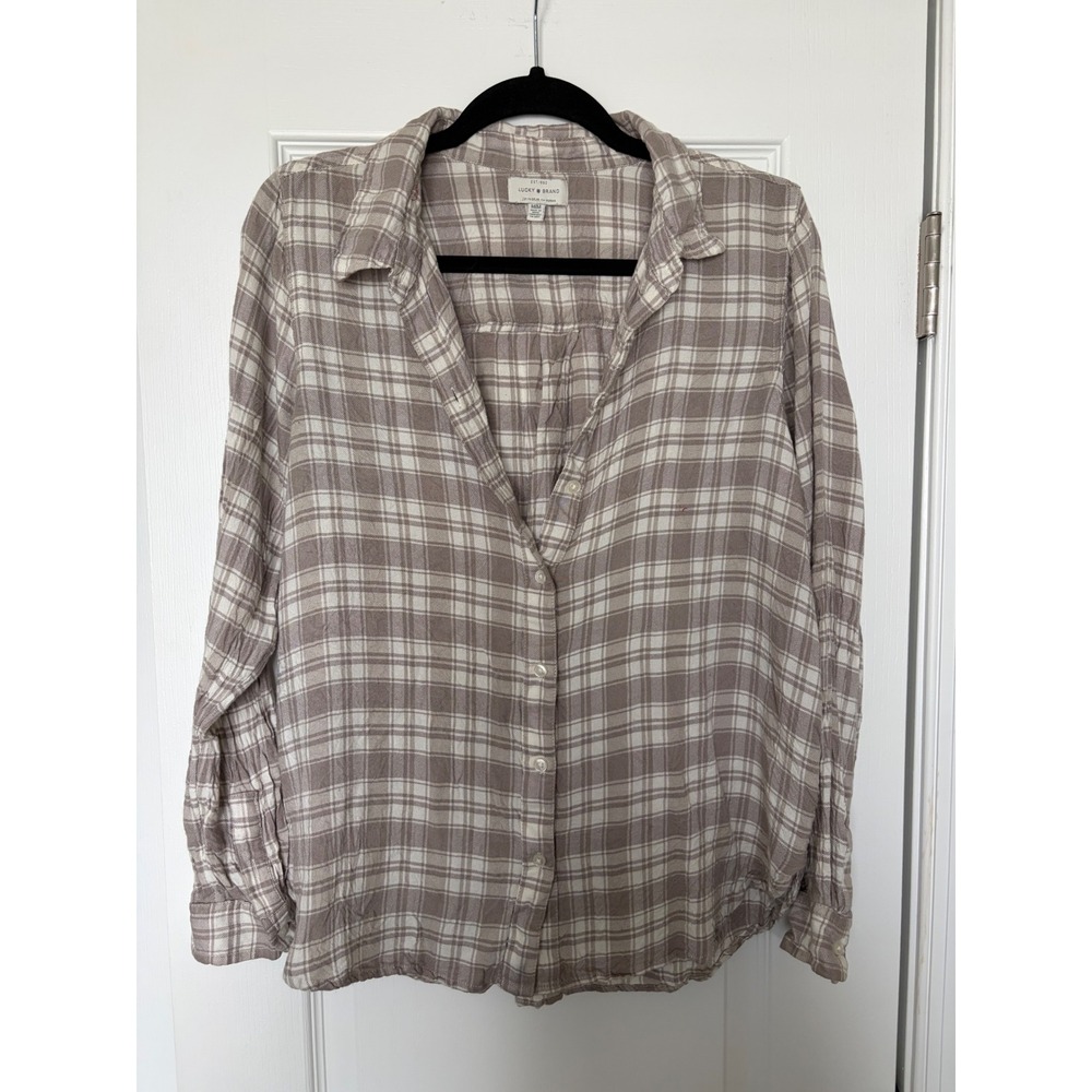 Lucky Brand Plaid Button Down Shirt Womens Medium Taupe White Long Sleeve Top